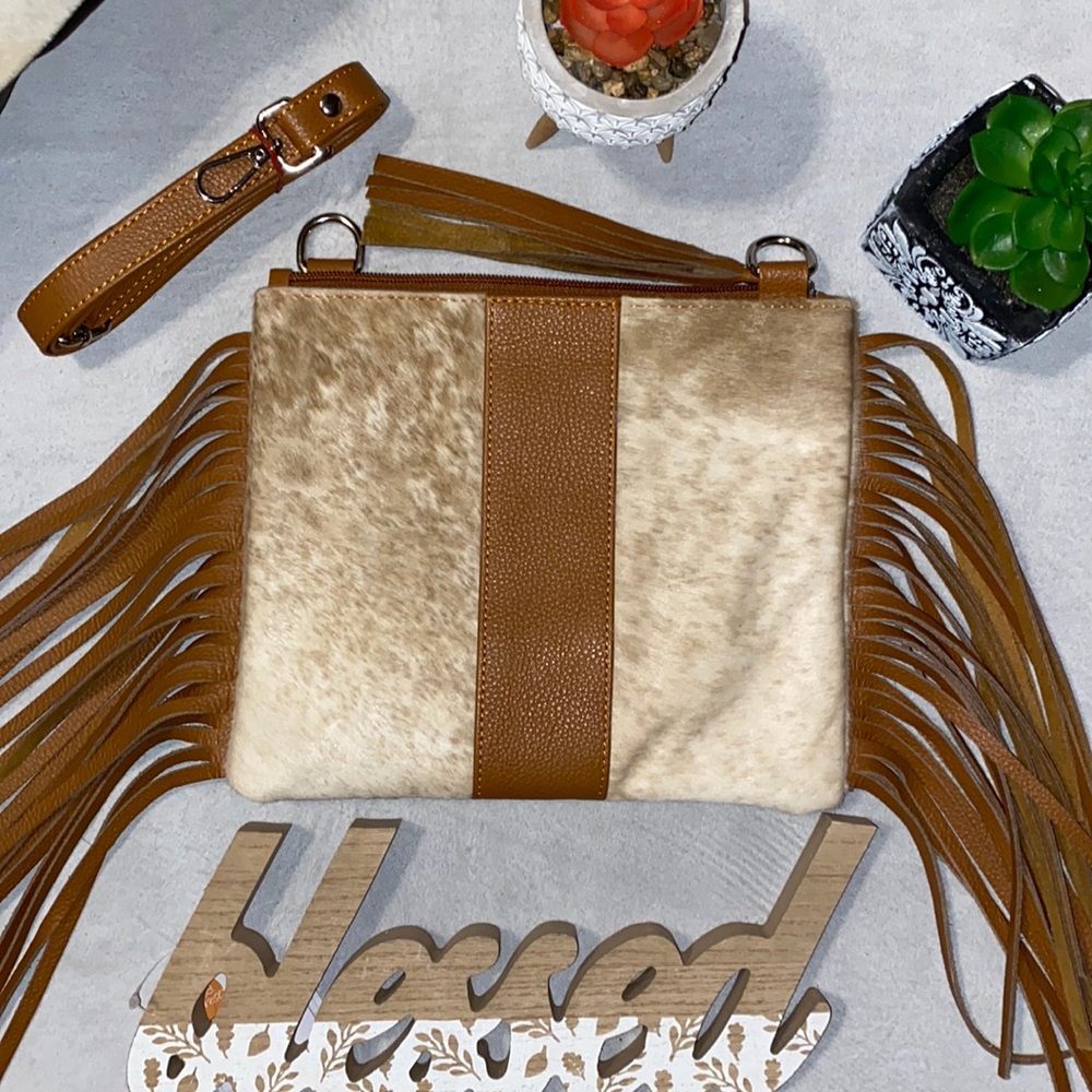 New Handmade Real Cowhide Leather Crossbody Purse Handbag Hair On With Fringes